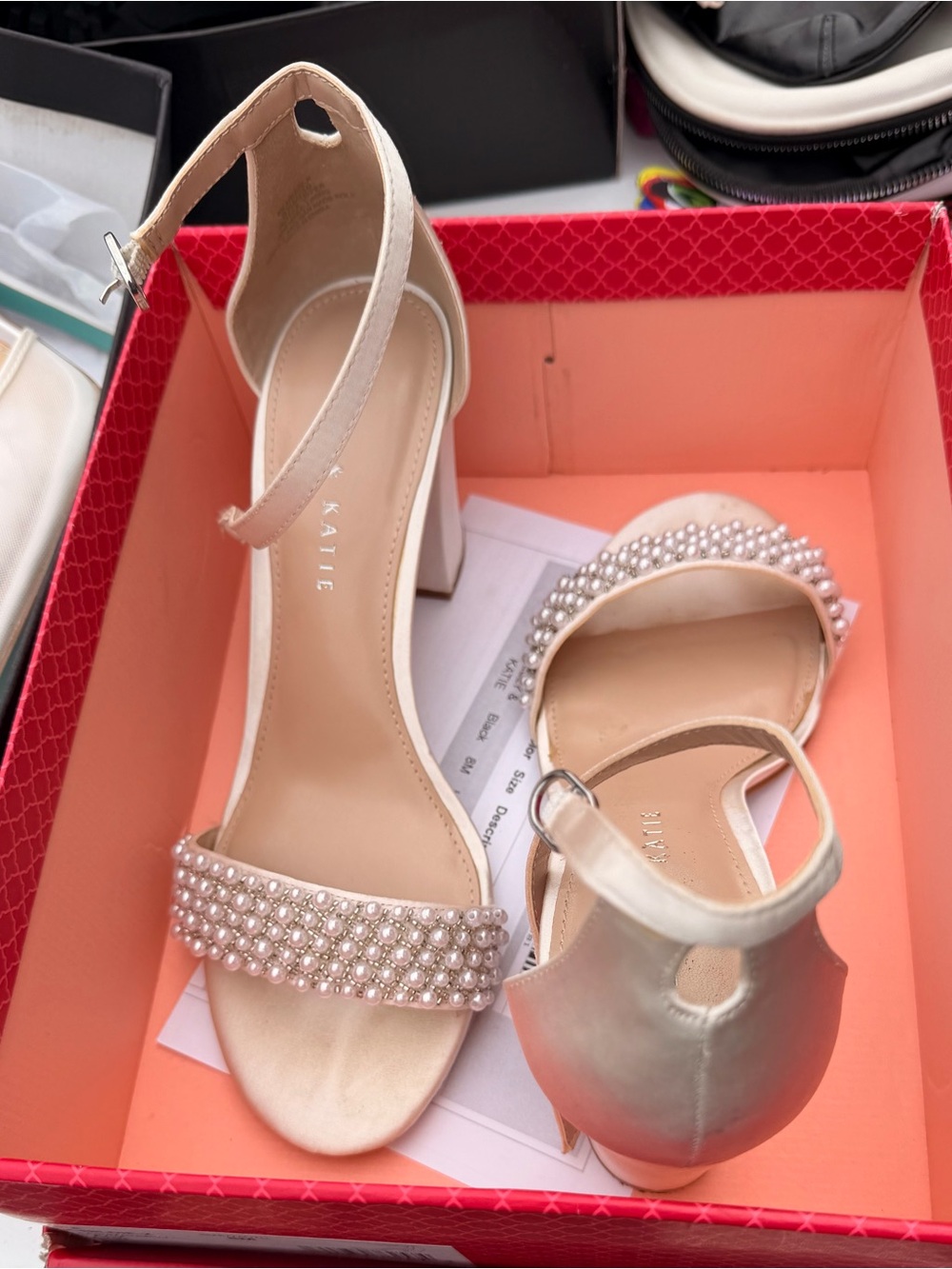 Kelly & Katie Pearl-Embellished Ivory Ankle-Strap Block Heels